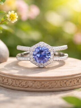 Halo Tanzanite Ring Sterling Silver 925 , December birthstone